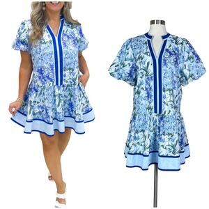 Entro | Floral Print Blue White Puff Sleeve Tiered Cotton Mini Dress Large L